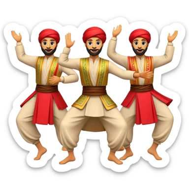 Cinematic Realistic Dabke Dance Emoji, depicted as an energetic traditional Lebanese folk dance with vibrant costumes and rhythmic movements, rendered with dynamic textures and festive natural lighting that captures its communal joy. sticker