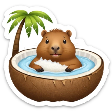 Happy capybara relaxing inside a halved coconut like a bathtub sticker