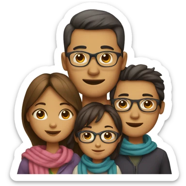 Draw a family of 4 consisting of a father with glasses, a mother with a scarf, a 3-year-old girl and a baby boy. sticker