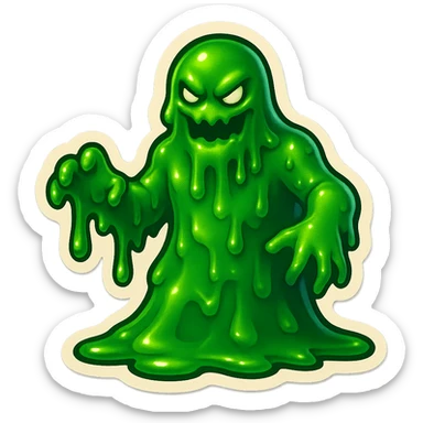 Slime monster. green slime. scary sinister. slime attacks. show full body. more dripping slime. talk humanoid slime creature. sinsiter and scary...green slime. has 2 arms and a vague head sticker