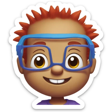 Rugrats, a red-haired one year baby with spiky hair and only 2 front teeth wearing purple square glasses and a blue shirt with red trim sticker
