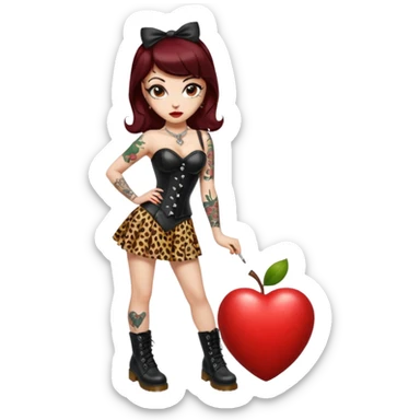 compact pin-up girl, white skin, heart-shaped face, big eyes, dark red lips, brown hair with rockabilly bangs and blonde streak, leopard and black leather corset, black pencil skirt, Dr. Martens boots, old school tattoos, Apple/iPhone emoji style, transparent background sticker
