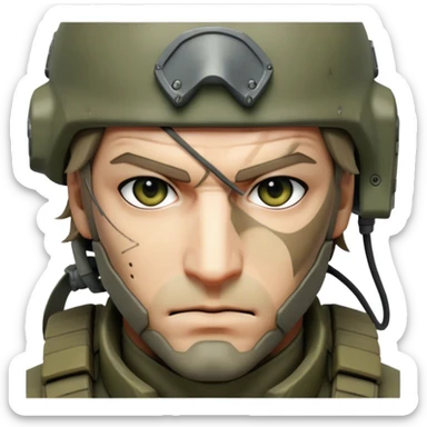 Cinematic Realistic Metal Gear Solid Snake Soldier Portrait, head tilted epicly and inquisitively, showcasing a commanding presence and tactical acumen. His weathered face, intense eyes, and meticulously rendered combat gear in muted earth tones are brought to life with lifelike clarity and dramatic lighting, high shine, epic and awe-inspiring, embodying the covert prowess of a true warrior of the shadows. sticker