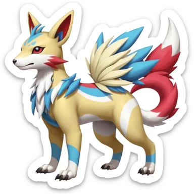 Colorful Skilled Adept Graceful Asian Painted WereGarurumon-Linoone-Meloetta-Renamon-Zangoose-fusion-hybrid-creature (full body) sticker