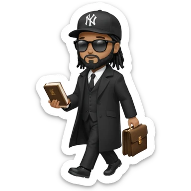 African American man with shoulder length black dreadlocks with black beard wearing black sunglasses wearing a black bubble winter coat wearing a black New York Yankees logo baseball cap wearing a suit and tie walking with a Bible in hand sticker