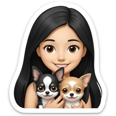 Smiling Thai girl with long black hair petting a tiny black and white Chihuahua sticker