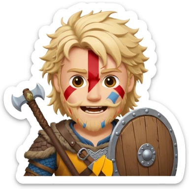 A young Viking warrior with messy blond hair, wooden shield, and fierce excited grin.
 sticker