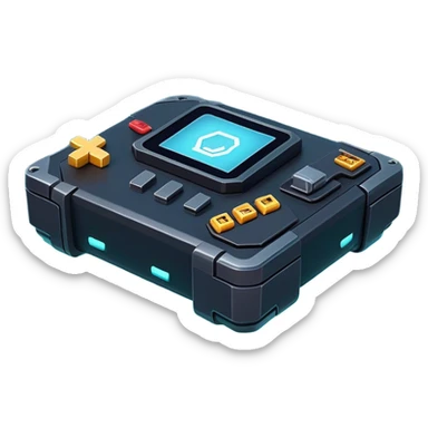 Clash of Clans aesthetic: Cinematic Playful 3D Isometric Sci-Fi Console Emoji, rendered in a 3D vector-style similar to standard emojis with minimal shading and bold, simplified shapes. A compact, distinct form with signature details, softly glowing with a futuristic sci-fi warfare charm. Simplified yet unmistakably iconic, highly detailed and consistent, glowing with a soft radiance and high shine. Stylized with a touch of high-tech brilliance and a soft glowing outline, capturing the essence of a beloved gaming relic with a friendly, playful manner! sticker