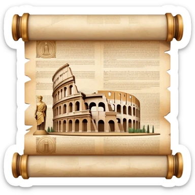An icon featuring an ancient scroll, surrounded by famous historical landmarks and statues of notable figures, like the Colosseum or Napoleon. The design symbolizes the exploration of history through monuments and people. Transparent background highlights the pas sticker