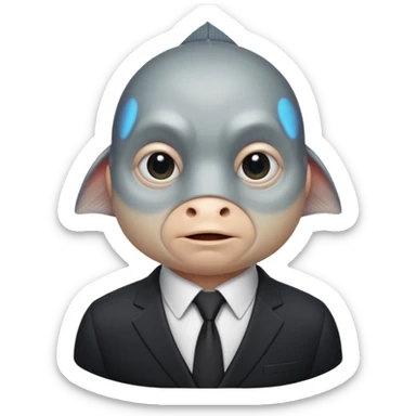 A fish man dressed in a black suit. Its face is grey fish. Just a fish. And The fish is facing upward. The fish’s neck connects smoothly with the collar of the suit. sticker