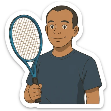 ghibli style light brown skinned tennis coach, short straight black hair with widow's peak, oval face, small eyes, smiling, holding blue Yonex racket, wearing navy blue dry fit shirt sticker