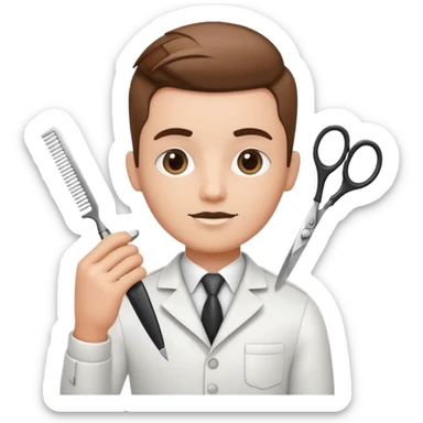 virtual assistant character in a small barber shop, holding scissors and comb sticker