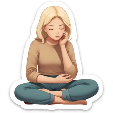 A person sits with their hands gently resting on their lap, eyes closed, exhaling slowly. Above them, a swirling thought bubble holds the words guilt and discomfort, but they don’t push it away—they just sit with it. In the background, a clock ticks softly, symbolizing the pause before responding.  sticker