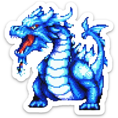 pixel art style dragon breathing blue fire from its mouth, animated sticker