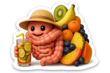 EMOJI STILE IPHONE DI INTESTINO UMANO REALISTICO CON CAPPELLO DI PAGLIA DA SPIAGGIA CHE BEVE UN Tè FREDDO IN BICCHIERE DI VETRO CON DENTRO  fette di cetriolo, limone, lime, DIETRO L'INTESTINO C'è UNA MONTAGNA DI PEZZI DI FRUTTA: Kiwi
Banana acerba
Arance e mandarini
Mirtilli
Ananas
Papaya
IPERREALISTICO 4K sticker