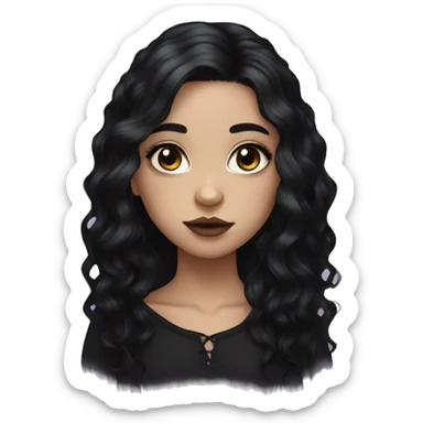 goth girl with long wavy black hair, almond shaped hazel eyes light skin with blush  sticker