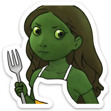 Hungry white girl with brown long hair, thinking sadly about food with fork in a hand sticker