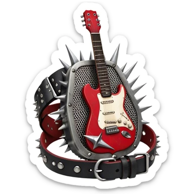 Create a powerful and dynamic humanless emoji representing rock vocals. The design should feature a classic vintage microphone with a rugged, distressed look, surrounded by elements like a guitar pick, electric guitar neck, and sound waves to reflect the raw energy of rock music. Add subtle details such as a spiked bracelet, leather textures, or bold lightning bolts to evoke the rebellious and intense spirit of rock. Use dark, edgy colors like black, red, silver, and metallic accents to emphasize the fierce, loud, and passionate nature of rock vocals. The background should be transparent. sticker