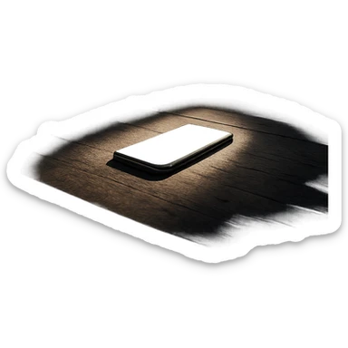 dark room in loft style, iphone lies on wooden table, beam of light shines directly on it and on table sticker