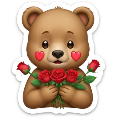 Cute bear with crying  eyes holding roses with this emoji expression  sticker
