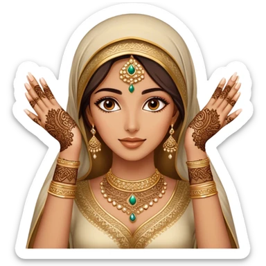 An Arab woman,showcasing her beautifully adorned hands with intricate henna designs and long, elegant nails. She wears multiple gold rings that complement her shimmering golden Arabic traditional outfit. sticker