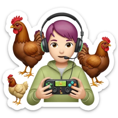 Pack emote, Sfondo trasparente e Dimensioni: (28x28, 56x56, 112x112) 
Stile Gamer: Il radicchio indossa cuffie da gaming e interagisce con controller o schermi, mentre i polli appaiono come icone di supporto o spettatori, colore font diverso in ogni emote sticker