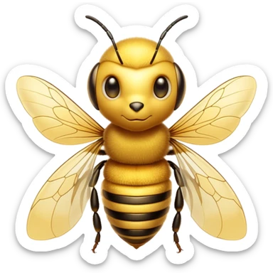 Cinematic Noble Bee Portrait Emoji, Poised and industrious, with a compact, fuzzy body in golden-yellow hues, delicate translucent wings, and a focused, determined expression with sparkling eyes, Simplified yet sharp and sophisticated features, highly detailed, glowing with a soft, sunny radiance, high shine, intelligent and diligent, stylized with an air of natural elegance, focused and alert, soft glowing outline, capturing the essence of a watchful bee that appears ready to buzz out of the screen with effortless authority! sticker