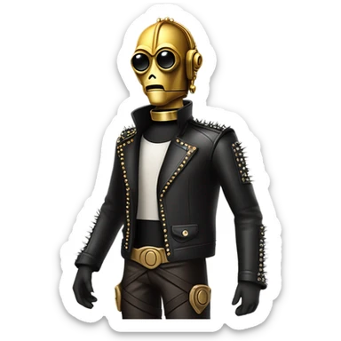 rough and tough c3Po wearing Satan’s leather biker outfit with hat walking sticker