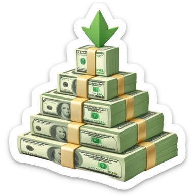 upward arrow next to gradually increasing stacks of dollar bill bundles, showing financial growth sticker