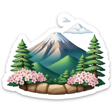 Create an emoji with the image of Mount Hallasan, symbolizing the nature of South Korea. Add pine trees or cherry blossoms for detail sticker