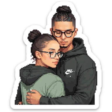 hispanic man with black hair hugging a light-skinned woman in a black Nike hoodie, woman has one bun in the back and thin black glasses sticker