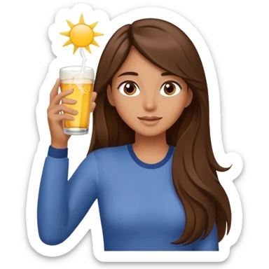 long brown hair girl with brown eyes has right hand in air chugging a corona sticker