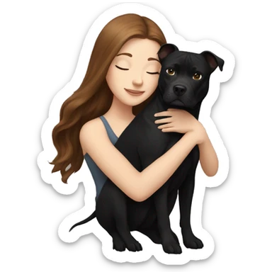 white girl with long brown hair hugging black pitbull sticker