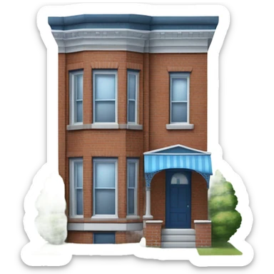 Two story brick row-house with blue clad bay window protruding from the front right and no porch, no front steps sticker