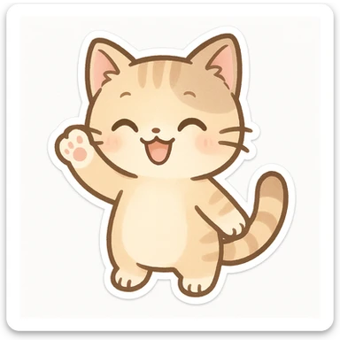 chibi sticker of a happy cat waving, pastel colors, cute expression, white background sticker