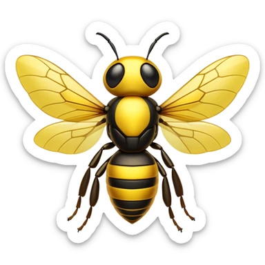 Cinematic Noble Hornet Portrait Emoji, Poised and intimidating, with a sleek, segmented body in bold yellow and black hues, sharp, focused eyes, and delicate, translucent wings, Simplified yet sharp and sophisticated features, highly detailed, glowing with a soft, insectile radiance, high shine, intelligent and formidable, stylized with an air of natural authority, focused and alert, soft glowing outline, capturing the essence of a watchful and confident hornet that appears ready to buzz out of the screen with effortless power! sticker