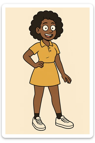 A Girl black Slightly Coiled hair brown Red Women's classic polycotton polo yellow skirt black ankle sock trainer white women's shoe sticker