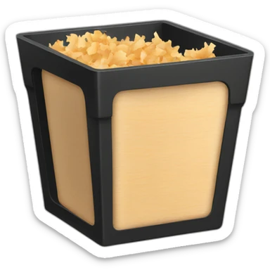 Black cubic plastic container with wood shavings inside sticker