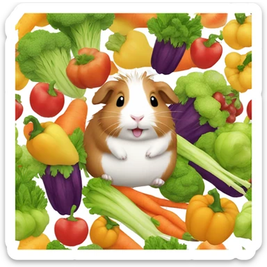 Guineapig playing on a huge pile of veggies and fruit sticker