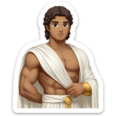 Cinematic Realistic Hercules Portrait, depicted as a classical Greek statue with a robust, muscular build and perfectly chiseled features. His bronze, sun-kissed skin has a timeless, marble-like quality, and his thick, wavy dark hair frames a face exuding determination and quiet nobility. Draped in a flowing white robe with subtle golden accents, the portrait is rendered under dynamic natural lighting that highlights every sculpted detail and evokes the majesty of ancient myth. sticker