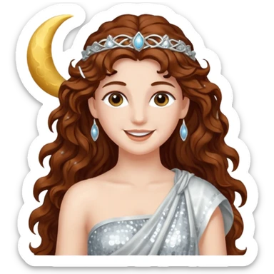 Diana, Goddess of Moon from Roman Deities with long dark auburn wavy hair, silver sequin toga sticker