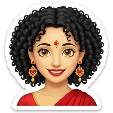 "- Phụ nữ
- 35 tuổi
- Da vàng
- Tóc đen xoăn nhẹ
- Có chấm đỏ Bindi, đeo khuyên tai
- Mặt cười
" sticker