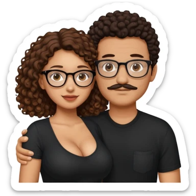 A mixed girl with glasses, the girl is wearing a black shirt, the girl has brown curly hair  and the girl has big boobs. A Mexican man is embracing her, with black bald hair and a short boxed mustache  sticker