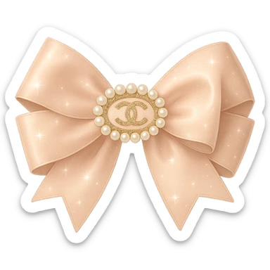 Add a solid white background behind the elegant bow with pearls and gold Chanel logo, sparkling effects, glossy, pastel colors, realistic style. sticker