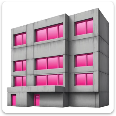 Gray concrete brutalist architecture with a single bright pink window and multiple regular windows sticker