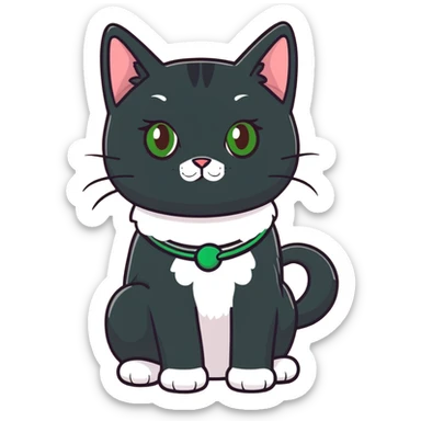 brown haired girl with light tan skin and brown eyes holding a black Bombay cat with green eyes and a black and white Tuxedo cat with hazel eyes sticker