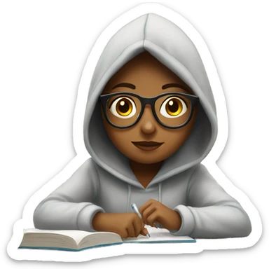 a girl in a hoodie and glasses sitting at kitchen table studying sticker