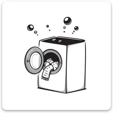 washing machine with bubbles and clothes peeking out, doodle style sticker