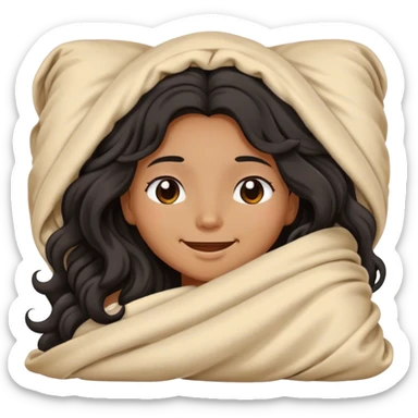 tan skin color long black wavy hair girl inside a blanket eyes closed smiling sticker