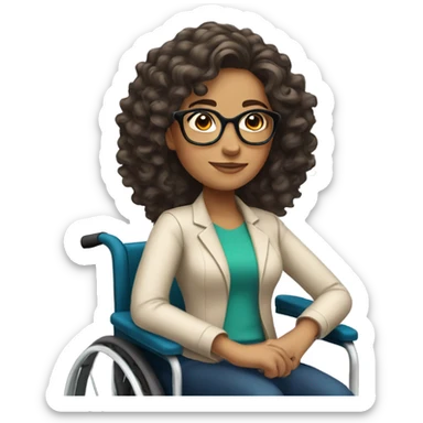 latina with long curly hair, wearing glasses, in a wheelchair sticker